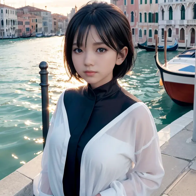 beautiful girl,venice,canal and ship in the background,building,reflection of the sun on the glass window,halation,black shirt,g...