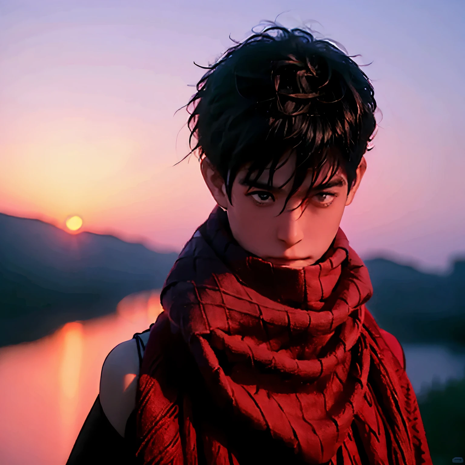 A boy wearing a red scarf looks into the distance，The light of the setting sun shines on his shoulders