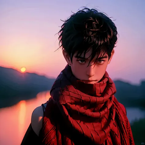 a boy wearing a red scarf looks into the distance，the light of the setting sun shines on his shoulders