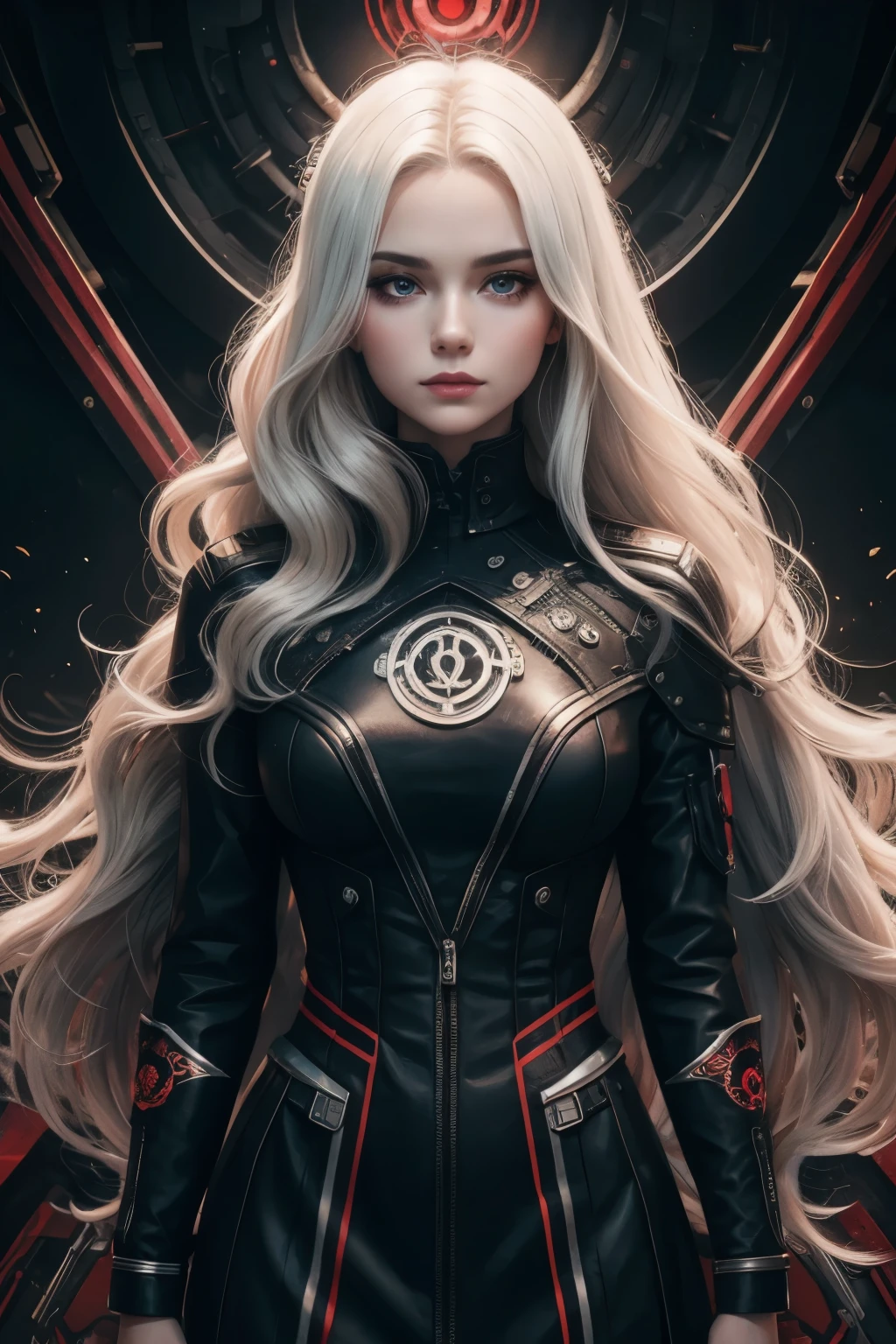 Portrait of a beautiful girl with wavy white hair, wearing a formal black dress with metal parts, red eyes, monograms in the background, digital painting, dark colors, 8k, complex details, vintage, retro futuristic style, sharp focus on the center, pastel colors, art station, (sci-fi, future, future theme), (facial expression looking with disdain), (detailed illustration)