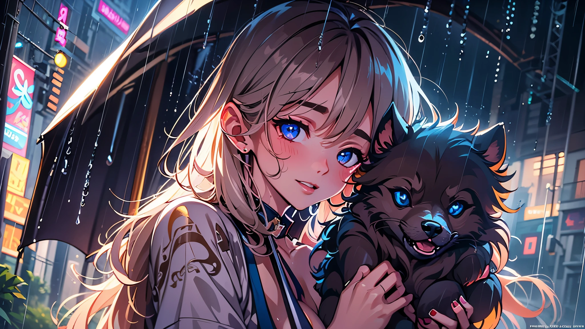 full body portrait of a photo realistic beautiful girl, 1 girl and 1 cute dog, facing forward, waifu, flowing hair, short modern rain protection clothing holding an umbrella, big beautiful flirtateous open eyes, standing straight, cinematic lighting, relaxing raining weather at night time environment in a vibrant forest with a view of the night sky, highly detailed, digital painting, trending on artstation, pixiv, concept art, sharp focus, illustration, art by ross tran and wlop, Glowing eyes, Best quality, good lighting, large breasts with cleavage, seductive face, Masterpiece, highres,sharp focus,(ultra detailed,extremely detailed),(photorealistic artwork:1.37),(extremely detailed CG unity 8k wallpaper),(((vibrant colors,vibrant theme))),(intricate),(masterpiece),(best quality), girl is playing with a cute small dog under the umbrella