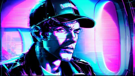 vaporwave, Close-up short of a man in a dark blue baseball cap and black leather jacket sitting in an airplane by the window, neon colors