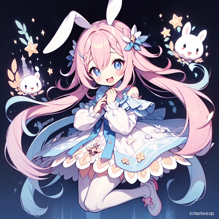 1girll, Animal ears, Pink hair, Long hair, Rabbit, Open mouth, Smile, Rabbit ears, bow, Solo, White background, dress, Pantyhose, the wall, Blue eyes, view the viewer, :D, full body, Simple background, nail polish, streaked, Holding, Arm raised, Say goodbye to hair accessories, Hairstyles, Long sleeves, Puffy sleeves, Watercolor shoes, shoes, Blue footwear, Jumps, Animal, Blush, argyle, Star (symbol), holding wand, Very long hair, ribbon,