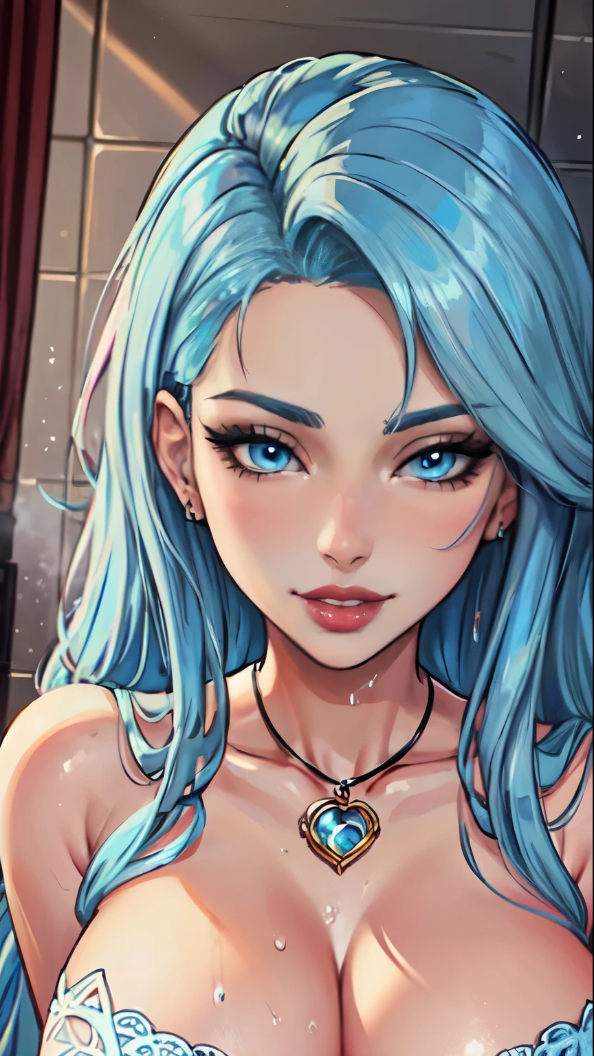 Masterpiece, raw,  beautiful art, professional artist, 8k, art style by sciamano240, very detailed face, very detailed hair, 1girl, perfectly drawn body, beautiful face, long hair, light blue hair , very detailed blue eyes, pouty lips , rosey cheeks, intricate details in eyes, seductive smile, looking directly at viewer , taking a shower, sultry expression, wedding ring , lipstick, modern hotel setting, very close up on face, 