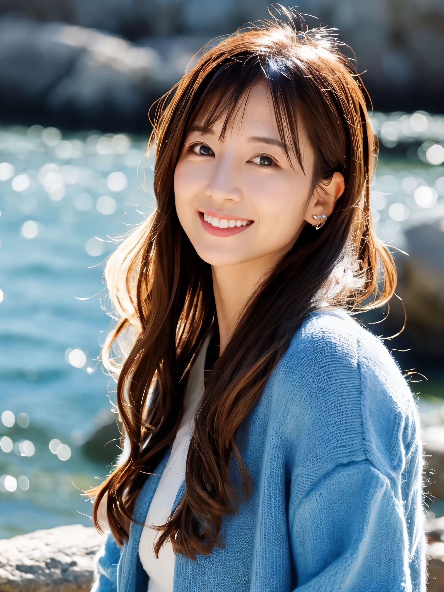 Slender Japan woman、long hair、３０age、winter、coastal、Looking at the sea