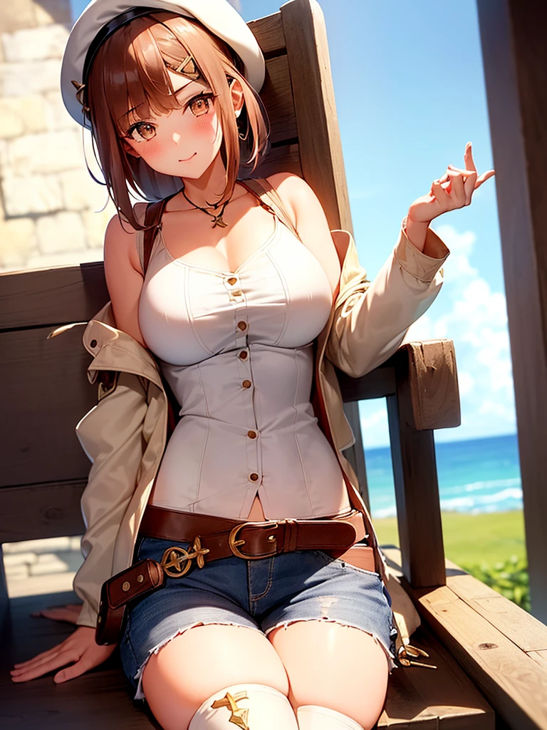 (Chairに座って開脚:1.3), ((blush:1.2)), 1 girl, riser, atelier, Alchemist, beret, (((white shirt))), shorts, extra long overknee boots, cowboy shot, Chair, looking at the viewer, big breasts, thighs, Put your hands behind your head, embarrassing, outdoor, Depth of bounds written,