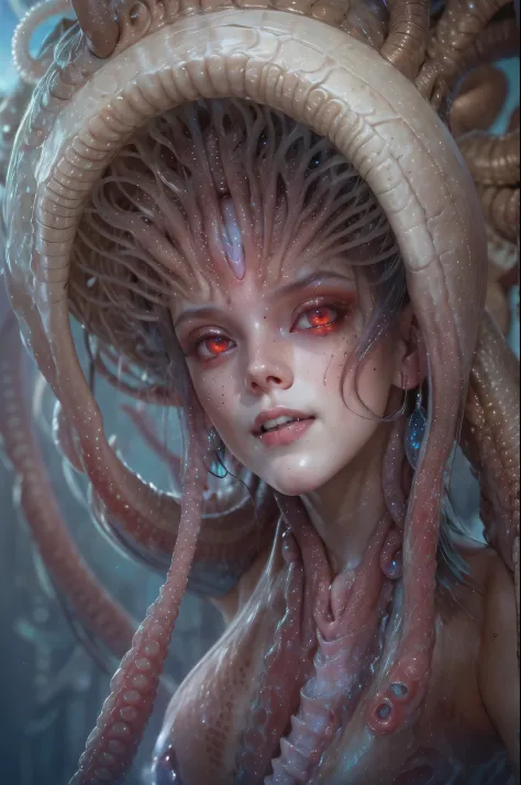 scary and sexy detailed art in color, Portrait, (beautiful and obscene female alien:1.4), (vulgarity1.7), (she has red eyes with...
