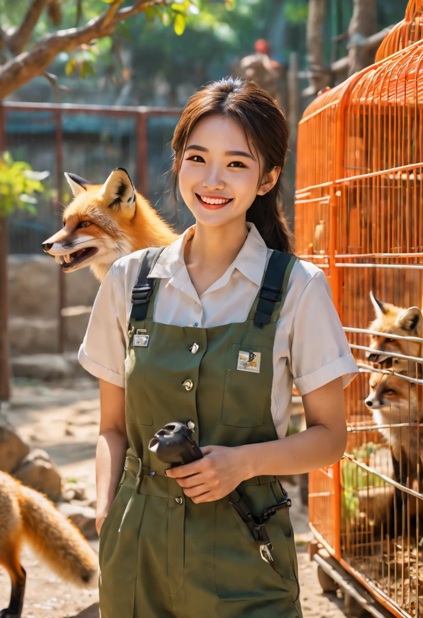 a female zoo administrator, 22yo, feeding fox, Super high saturation, bright and vivid colors, Smile, high details, super detail, highres, (best quality, masterpiece, Representative work, official art, Professional, 8k)