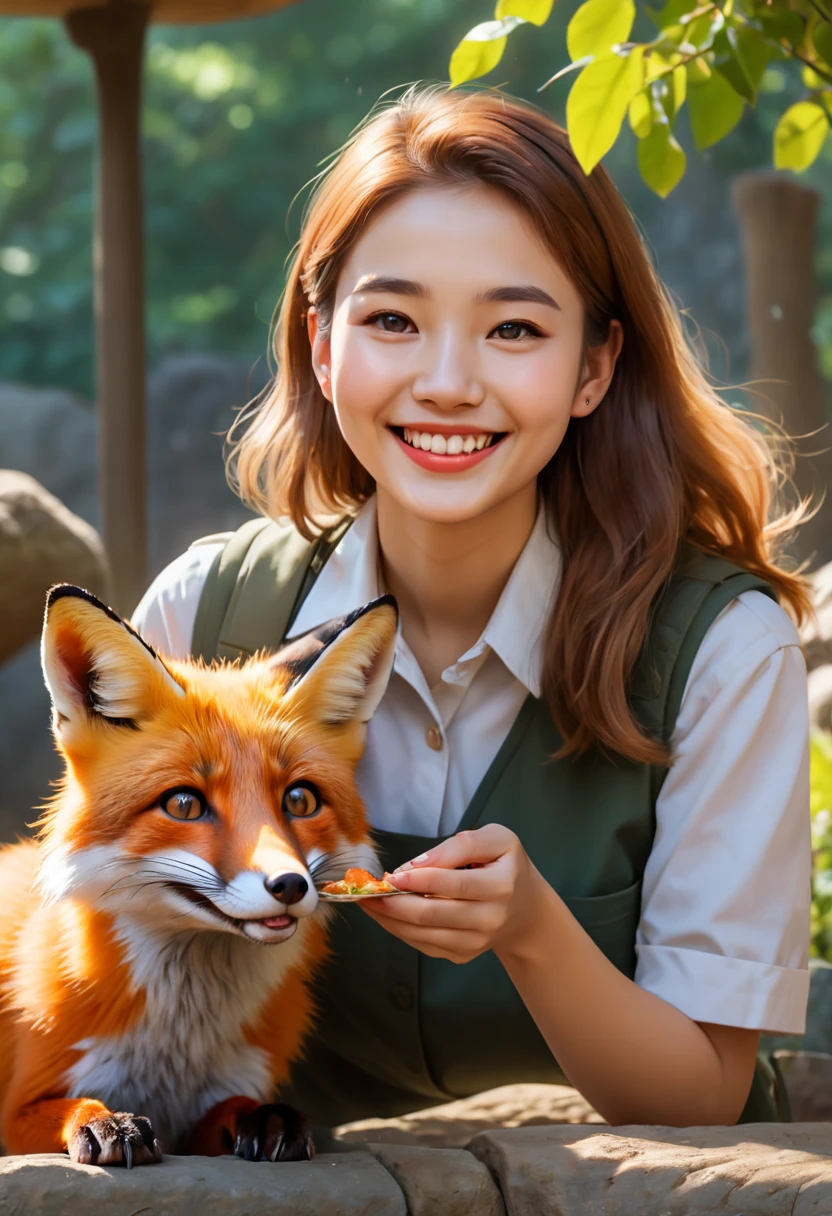 a female zoo administrator, 22yo, feeding fox, Super high saturation, bright and vivid colors, Smile, high details, super detail, highres, (best quality, masterpiece, Representative work, official art, Professional, 8k)