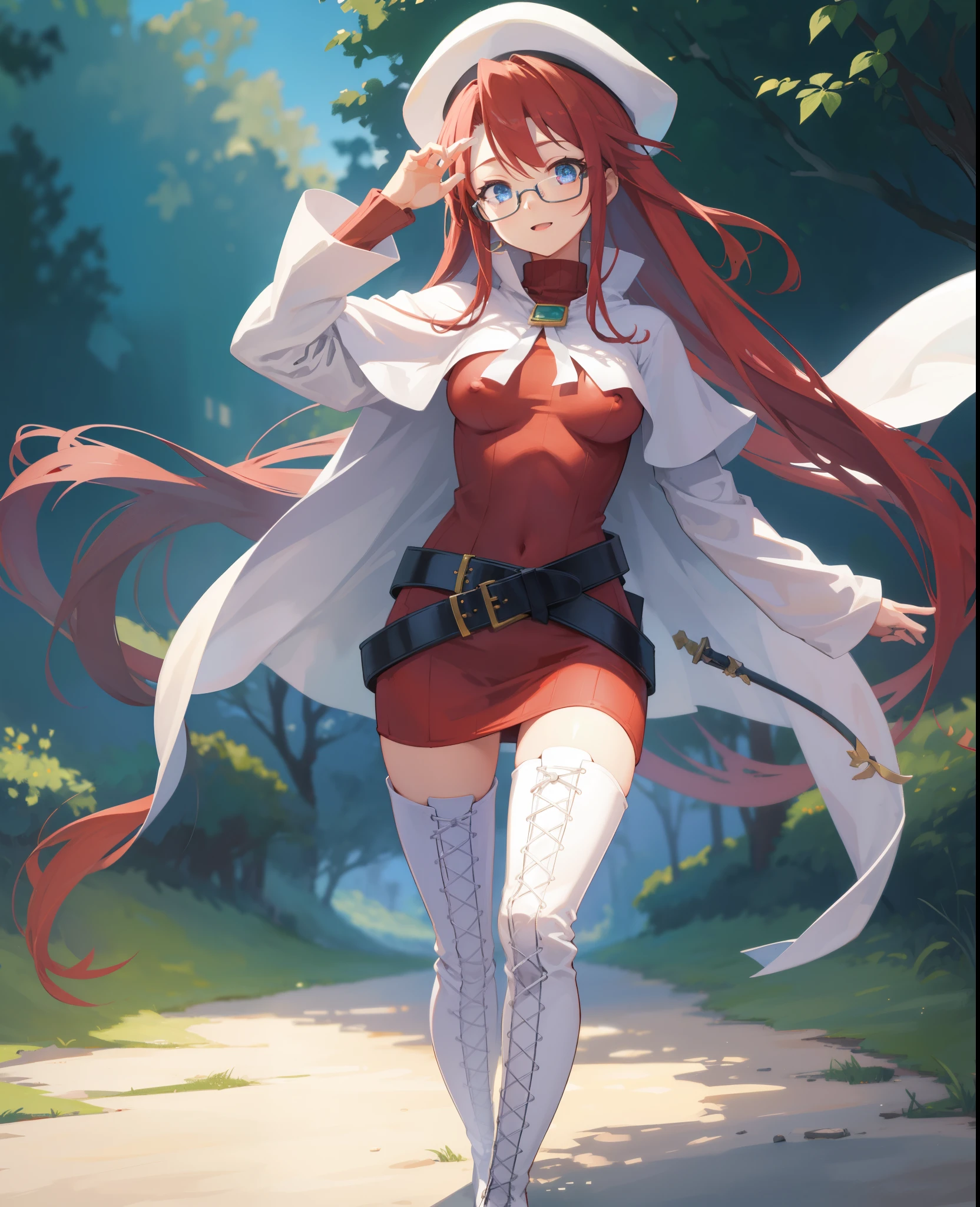 summonnightaty, aty, long hair, blue eyes, red hair, beret, hat, glasses,
BREAK long hair, thighhighs, hat, dress, boots, glasses, belt, cape, sweater, zettai ryouiki, beret, thigh boots, white footwear, ribbed sweater, loose belt,solo,
BREAK outdoors, fantasy_town,
BREAK (masterpiece:1.2), best quality, high resolution, unity 8k wallpaper, (illustration:0.8), (beautiful detailed eyes:1.6), extremely detailed face, perfect lighting, extremely detailed CG, (perfect hands, perfect anatomy),(covered_nipples:1.3),covered_navel,light_smile,dynamic_posing ,walking,(half_eyes:1.2),light_open_mouth,sword,armpit