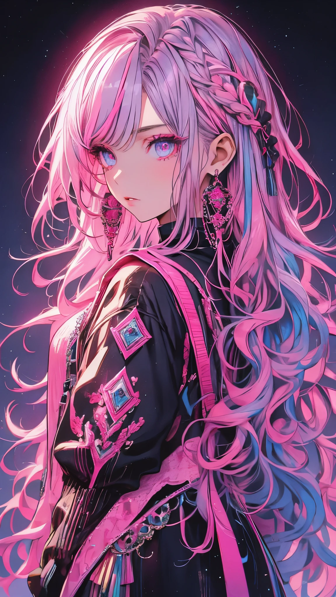 Hongliu, 1 girl, alone, long hair, looking at the viewer, blue eyes background, white background, jewelry, closed mouth, Jacket, Upper body, pink hair, earrings, pink eyes, necklace, From the side, sweater, lips, eyelash, compensate, wavy hair, earrings, cross, lipstick, ear earrings, eye shadow, hoop earrings, pink lips, multicolored eyes, pink theme, , pink eye shadow,
