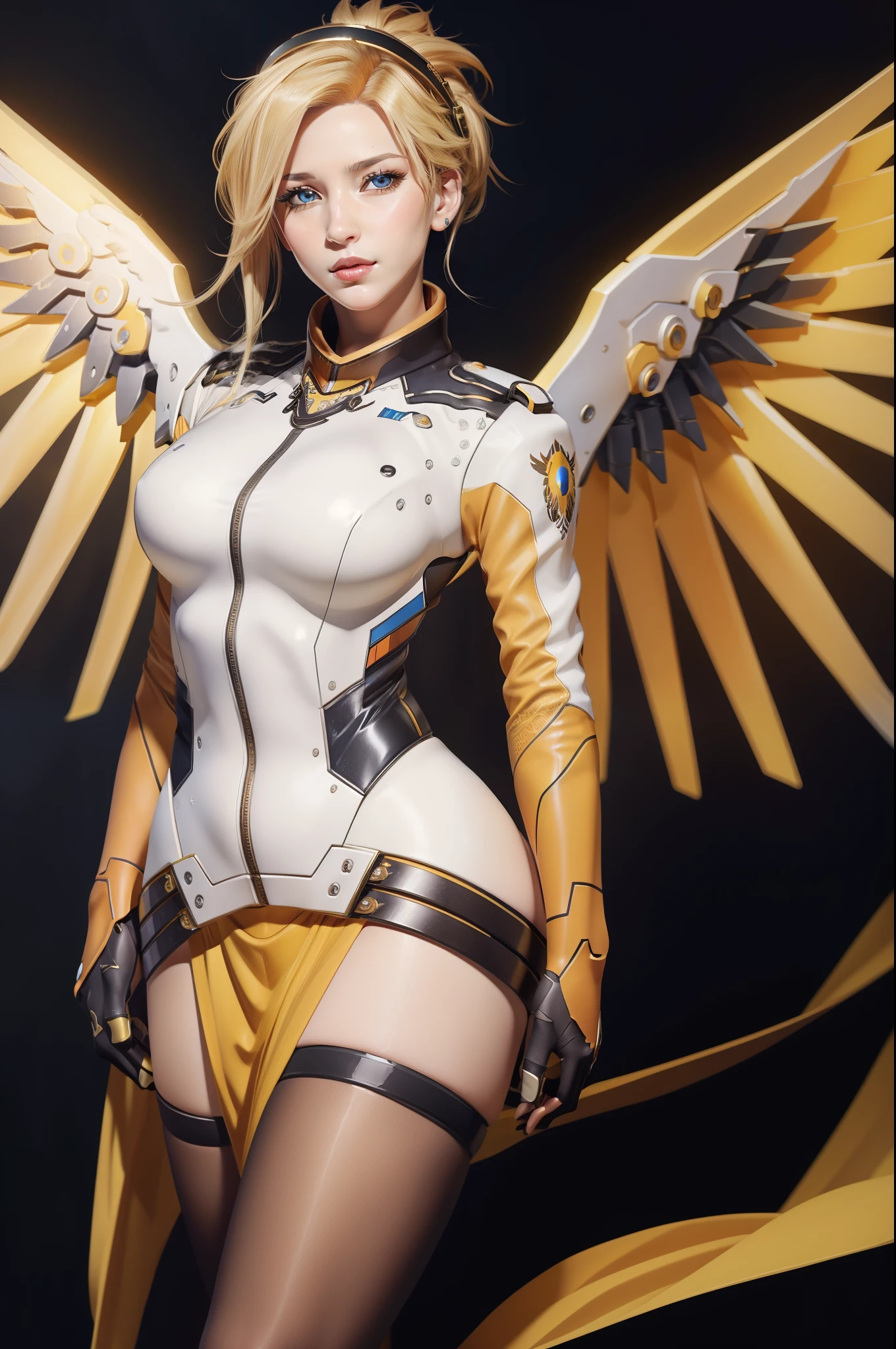 (Meisterwerk, beste Qualität),  komplizierte Details,
1 Mädchen,    1 Mädchen, Allein, Barmherzigkeit (overwatch), mechanical Heiligenschein, Brüste, blaue Augen, blondes Haar, Strumpfhose, mechanische Flügel, wings, Heiligenschein,  Halten, Body, Cowboy-Schuss,  gelbe Flügel, brown Strumpfhose, Lippen, Handschuhe, Beckenvorhang, black Handschuhe,