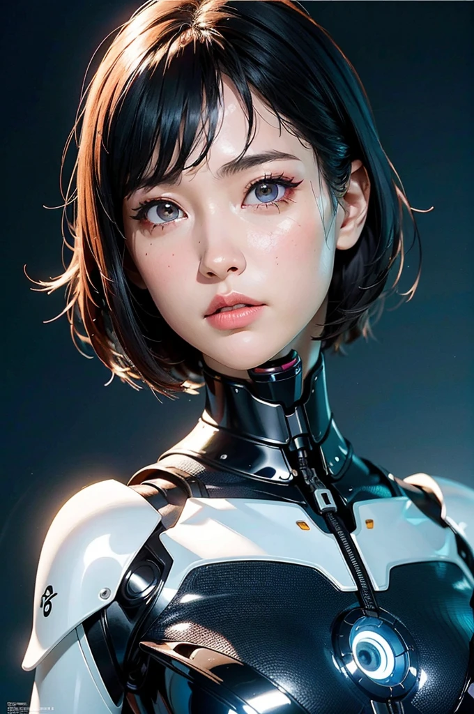 Complex 3D rendering of ultra-detailed porcelain female robot, 1 girl, (natural skin texture, actual eye details:1.2), part, beautiful soft light, rim light, Vibrant details, Luxury Cyberpunk, hyperactual, anatomical, face muscles, Cable wire, microchip, elegant, beautiful background, octane rendering, apple style, 8k, best quality, masterpiece, illustration, extremely delicate and beautiful, CG, Unite, wallpaper, (actual, photo-actual:1.2), Astonishing, fine details, masterpiece, best quality, official art, extremely detailed CG Unite 8k wallpaper, Extremely ridiculous, sexy, Mechanical skeleton, Android, Surrealism, Doomsday wasteland, (high-tech prosthetics:1.2), Fluffy black short hair, Perfect body, Navy blue glowing cyber ship