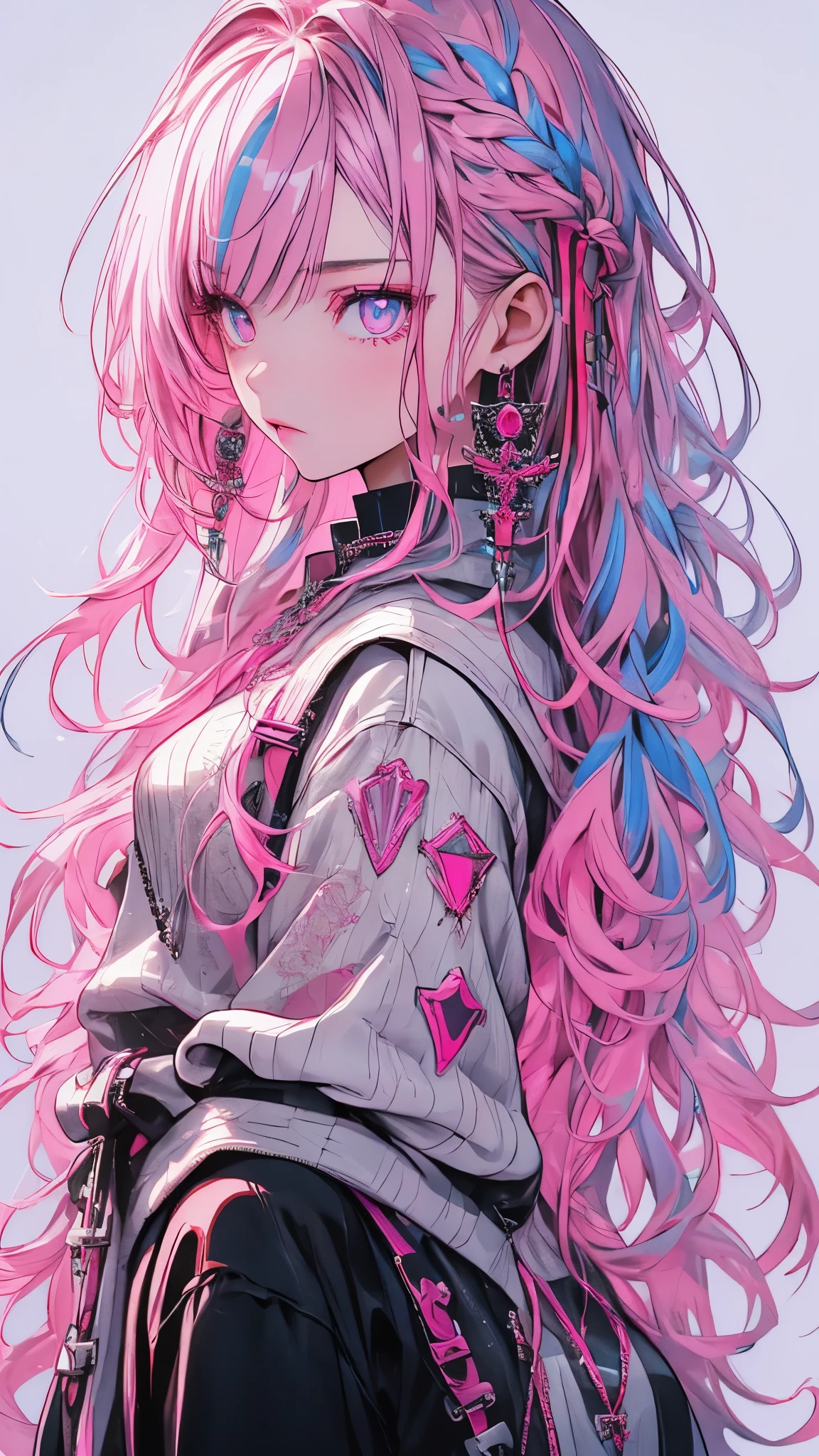 Hongliu, 1 girl, alone, long hair, looking at the viewer, blue eyes background, white background, jewelry, closed mouth, Jacket, Upper body, pink hair, earrings, pink eyes, necklace, From the side, sweater, lips, eyelash, compensate, wavy hair, earrings, cross, lipstick, ear earrings, eye shadow, hoop earrings, pink lips, multicolored eyes, pink theme, , pink eye shadow,