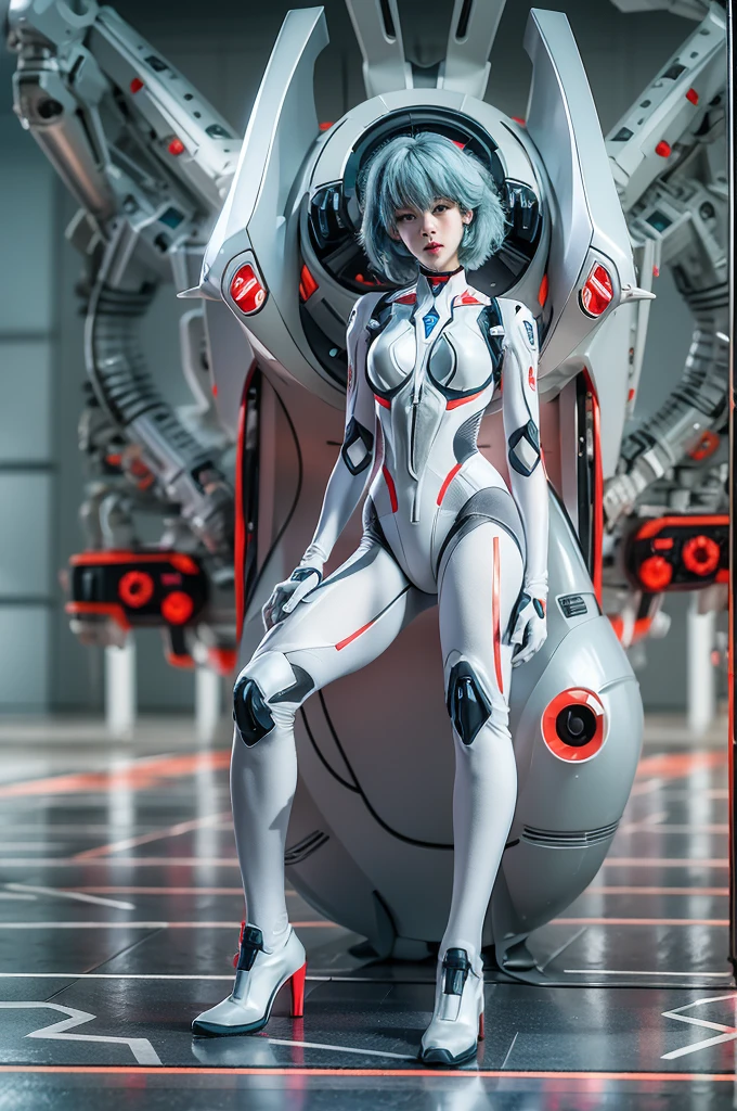 El retrato de cuerpo completo de Rei Ayanami de Neon Genesis Evangelion, Dentro del laboratorio NERV con muchos científicos, escena detallada, detalles impresionantes, animado, entorno detallado, trazado de rayos, 8k，tiro de cuerpo completo，zapatos blancos de metal brillante，La faja luminosa que se fija a todo el cuerpo está cubierta con líneas de circuitos geométricos de alta tecnología..，Surrealism，forma de arte perfecta