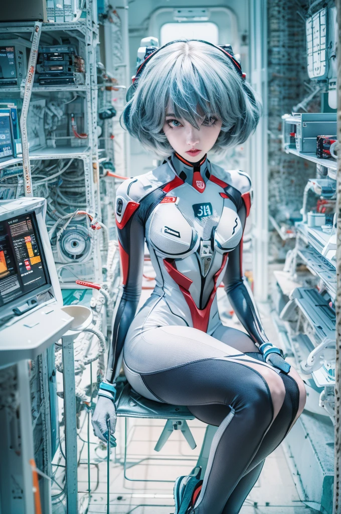 ภาพเต็มตัวของ Rei Ayanami จาก Neon Genesis Evangelion, ภายในห้องปฏิบัติการ NERV ที่มีนักวิทยาศาสตร์จำนวนมาก, ฉากที่มีรายละเอียด, รายละเอียดที่น่าทึ่ง, อะนิเมะ, สภาพแวดล้อมโดยละเอียด, การติดตามรังสี, 8k，ยิงเต็มตัว，รองเท้าโลหะสีขาวมันวาว，ชุดกระชับสัดส่วนเรืองแสงที่ติดอยู่ทั้งตัวถูกหุ้มด้วยเส้นวงจรทรงเรขาคณิตสุดไฮเทค.，สถิตยศาสตร์，รูปแบบศิลปะที่สมบูรณ์แบบ