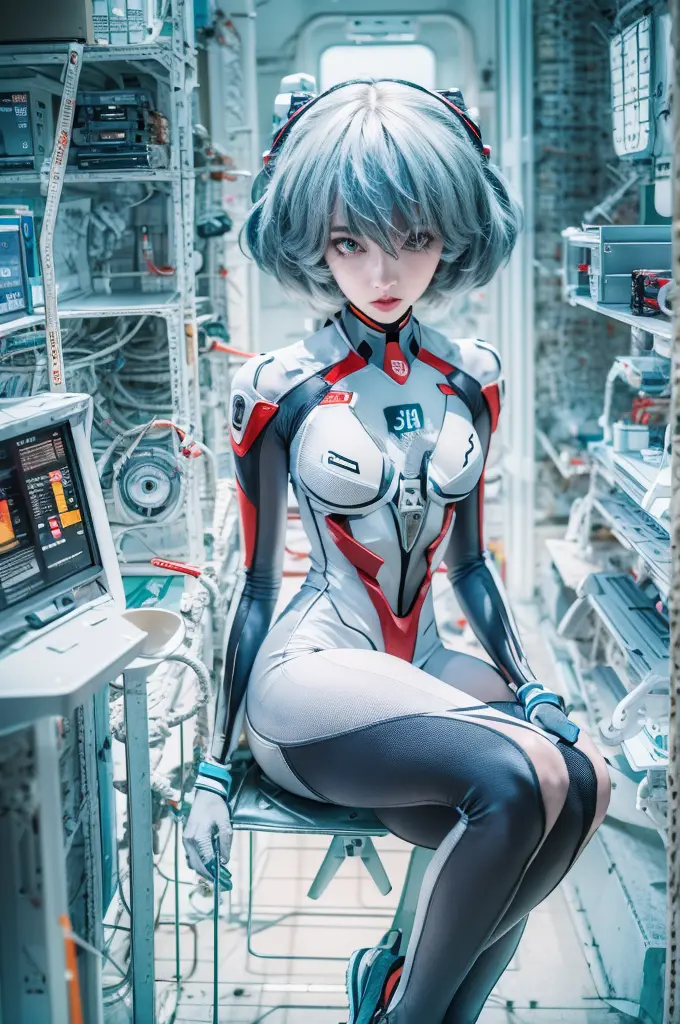 The full body Portrait of Rei Ayanami from Neon Genesis Evangelion, inside the NERV lab with lots of scientists, detailed scene,...