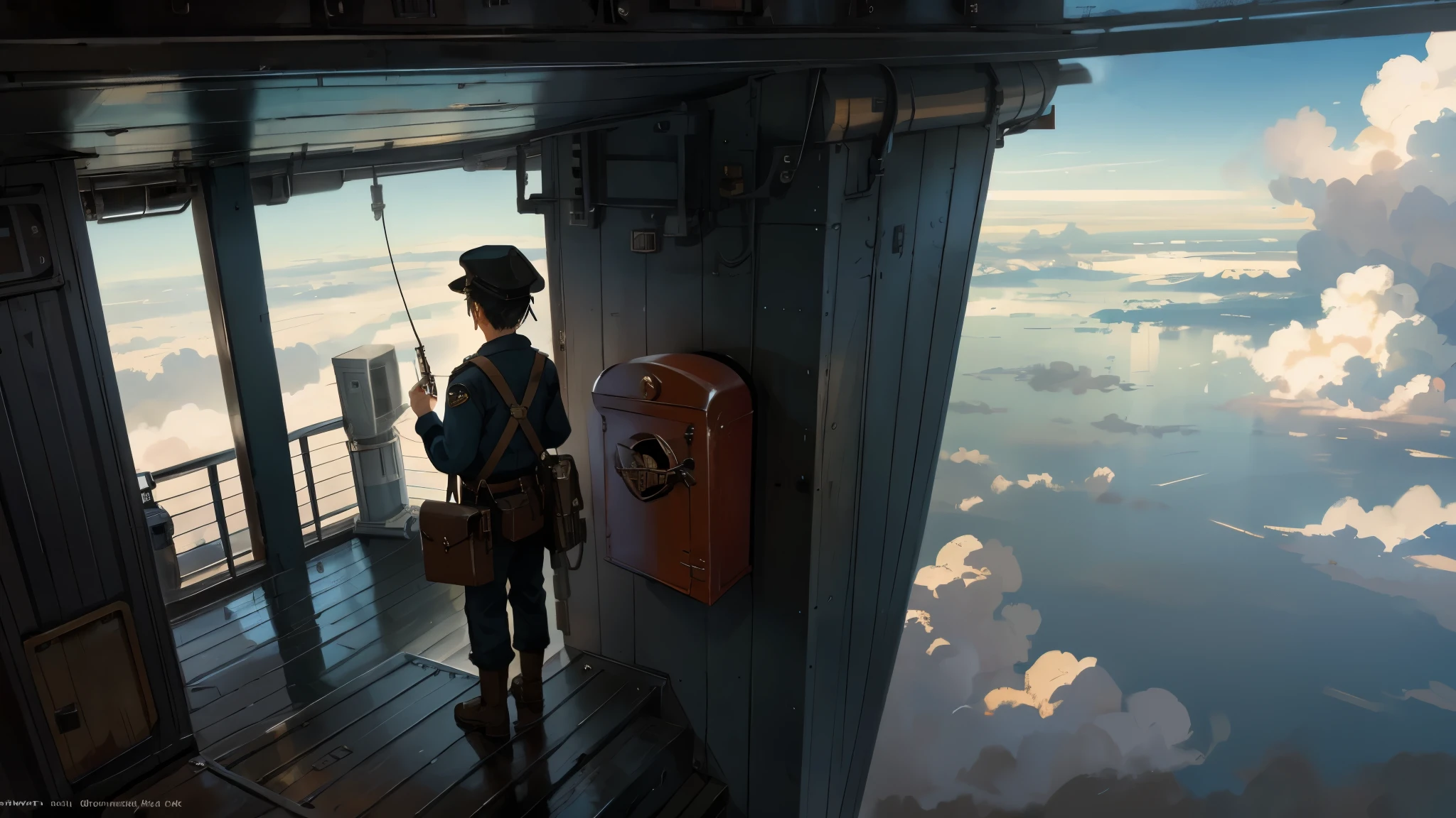 dieselpunk style，aircraft deck，A mailbox，sketch，Quick paint，A postman is delivering mail，Postman on the cloud，A little boy stands waiting for mail，Outside the railing is the scenery of sea of clouds，（Deck above the clouds），Conceptual scenes