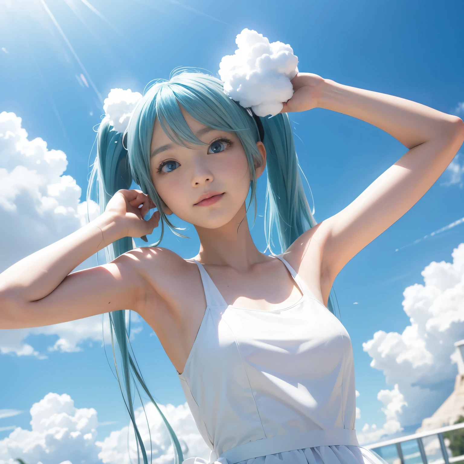 Hatsune Miku、white dress、summer、cumulonimbus