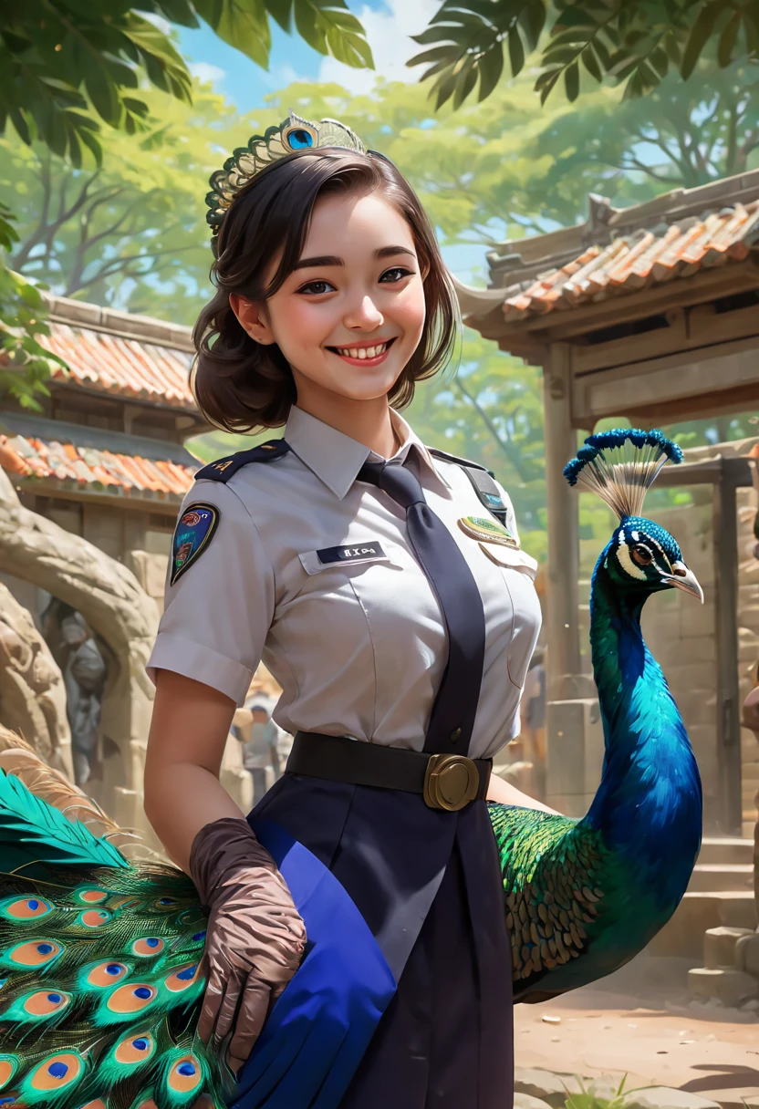 a female zoo administrator, 22yo, feeding fox, Super high saturation, bright and vivid colors, Smile, high details, super detail, highres, (best quality, masterpiece, Representative work, official art, Professional, 8k)