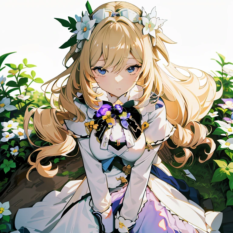 anime girl with long blonde hair and flower crown sitting in a garden, loli in dress, cute anime waifu in a nice dress, anime visual of a cute girl, violet evergarden, anime goddess, anime best girl, lolish, official art, blonde anime girl with long hair, official artwork, blonde - haired princess, marisa kirisame, beautiful anime girl