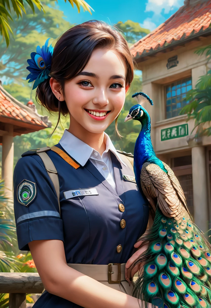 a female zoo administrator, 22yo, feeding fox, Super high saturation, bright and vivid colors, Smile, high details, super detail, highres, (best quality, masterpiece, Representative work, official art, Professional, 8k)