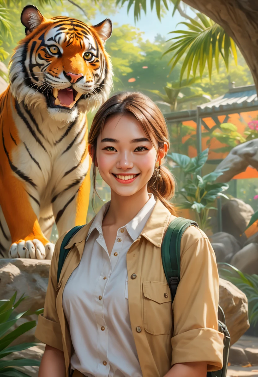 a female zoo administrator, 22yo, feeding fox, Super high saturation, bright and vivid colors, Smile, high details, super detail, highres, (best quality, masterpiece, Representative work, official art, Professional, 8k)