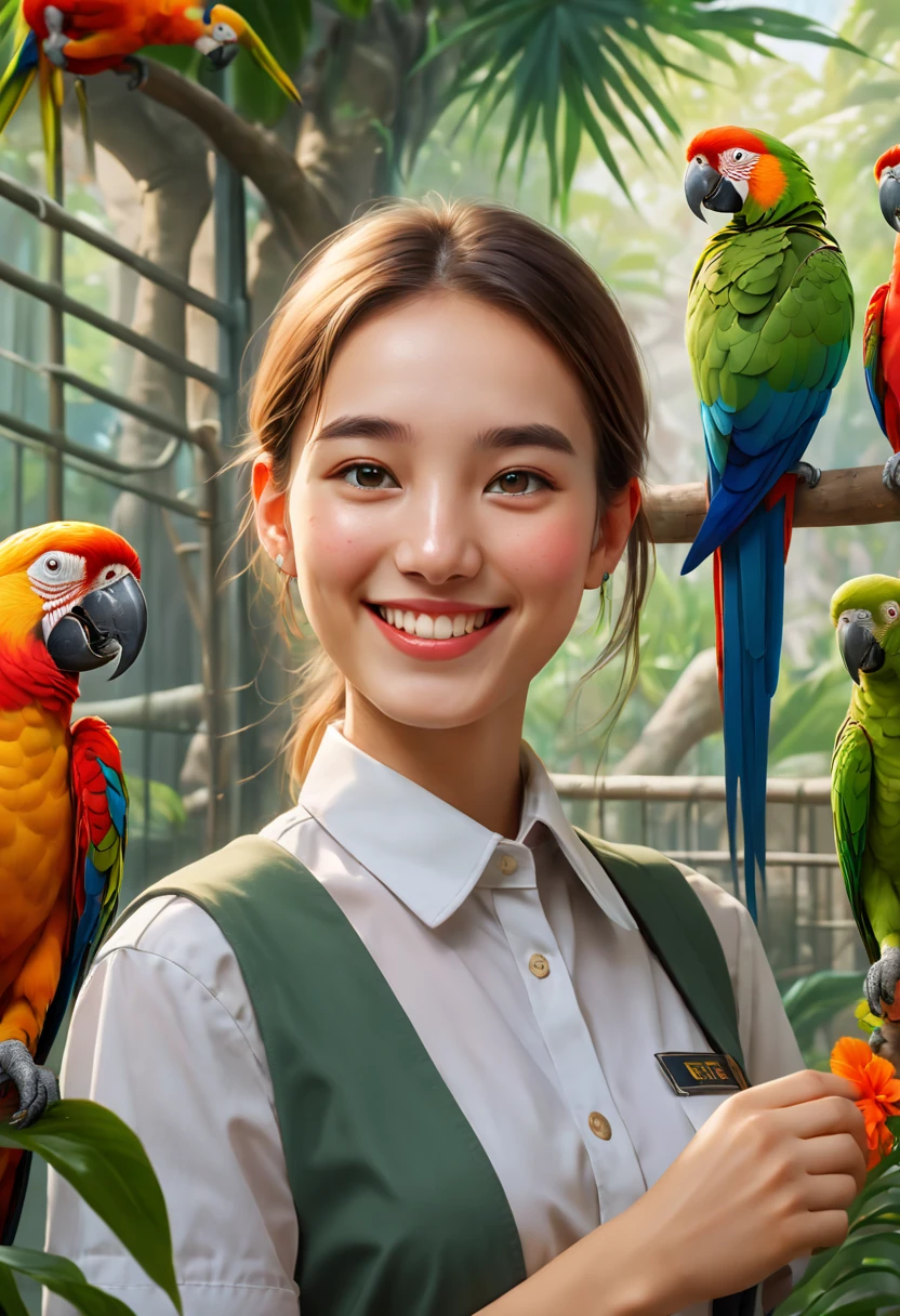 a female zoo administrator, 22yo, feeding fox, Super high saturation, bright and vivid colors, Smile, high details, super detail, highres, (best quality, masterpiece, Representative work, official art, Professional, 8k)