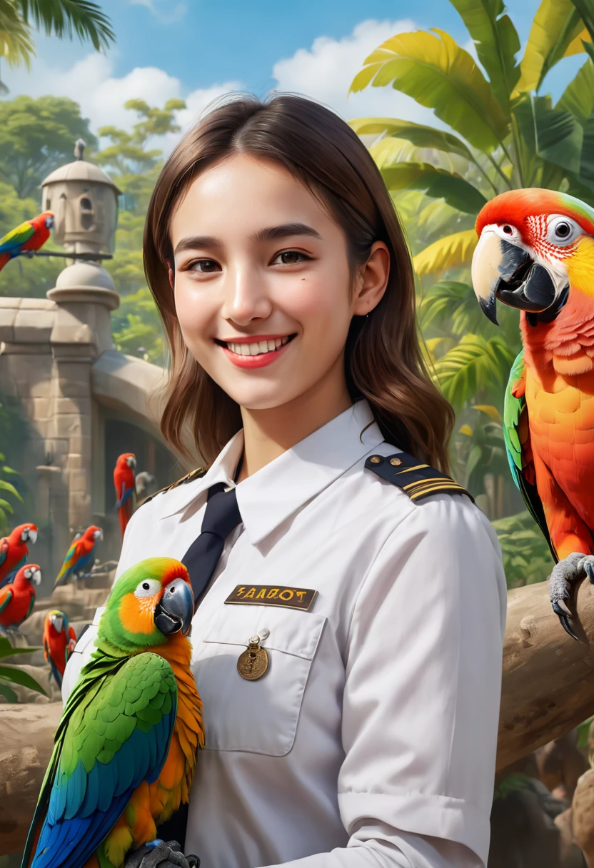 a female zoo administrator, 22yo, feeding fox, Super high saturation, bright and vivid colors, Smile, high details, super detail, highres, (best quality, masterpiece, Representative work, official art, Professional, 8k)