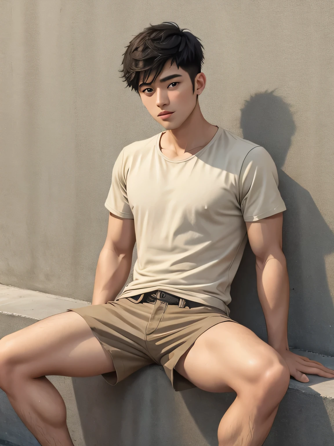 ((super sharp focus)), ((hairy legs)), hairy legs, toned legs, whole body, two block, messy shortt hair, long legs, Japan Male, 2, wearing beige shorts, wearing a black T-shirt, very short hair, black hair