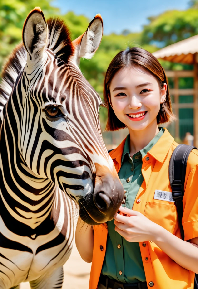 a female zoo administrator, 22yo, feeding fox, Super high saturation, bright and vivid colors, Smile, high details, super detail, highres, (best quality, masterpiece, Representative work, official art, Professional, 8k)