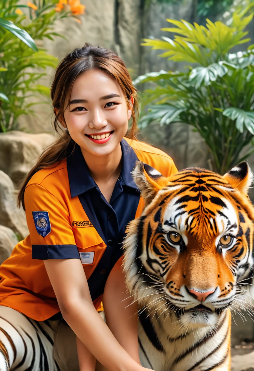 a female zoo administrator, 22yo, feeding fox, Super high saturation, bright and vivid colors, Smile, high details, super detail, highres, (best quality, masterpiece, Representative work, official art, Professional, 8k)