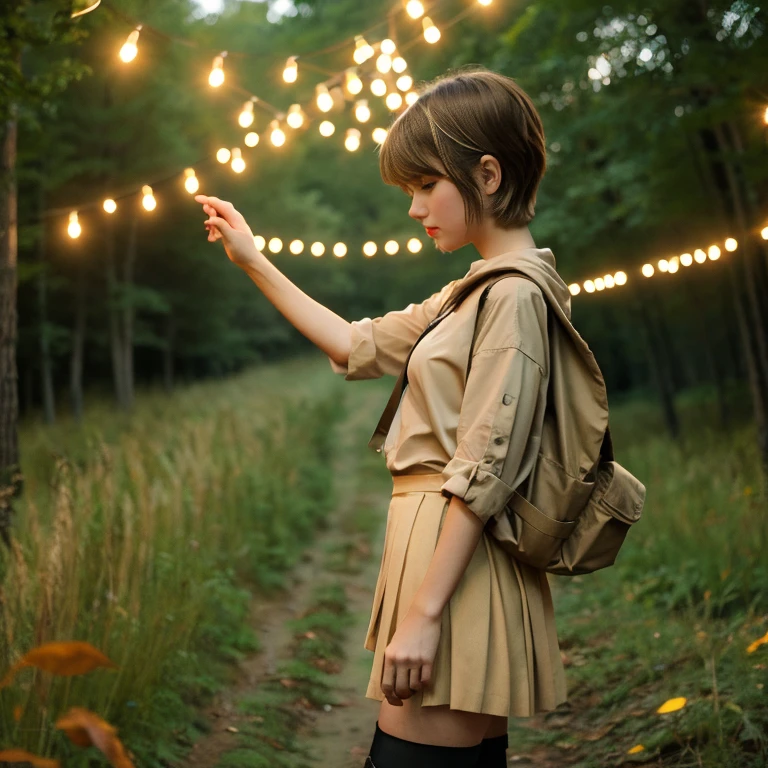 beautiful girl,beige military shirt,Beige knee-length pleated skirt,Red backpack,Brown short boots,brown hair,bob hair,Outer wrap arrangement,in the forest,early morning,lantern lights up,pixer style,dynamic angle