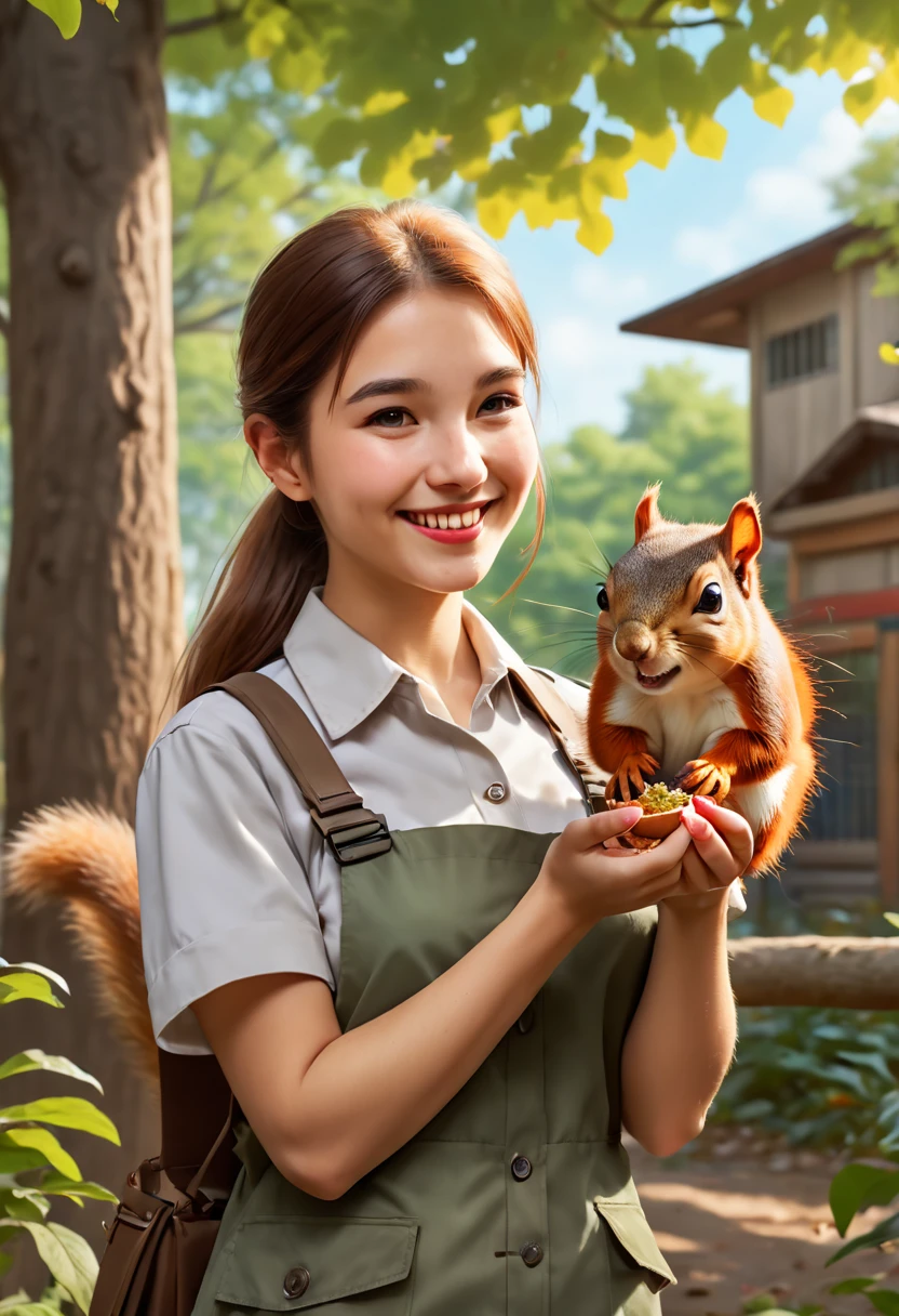 a female zoo administrator, 22yo, feeding fox, Super high saturation, bright and vivid colors, Smile, high details, super detail, highres, (best quality, masterpiece, Representative work, official art, Professional, 8k)