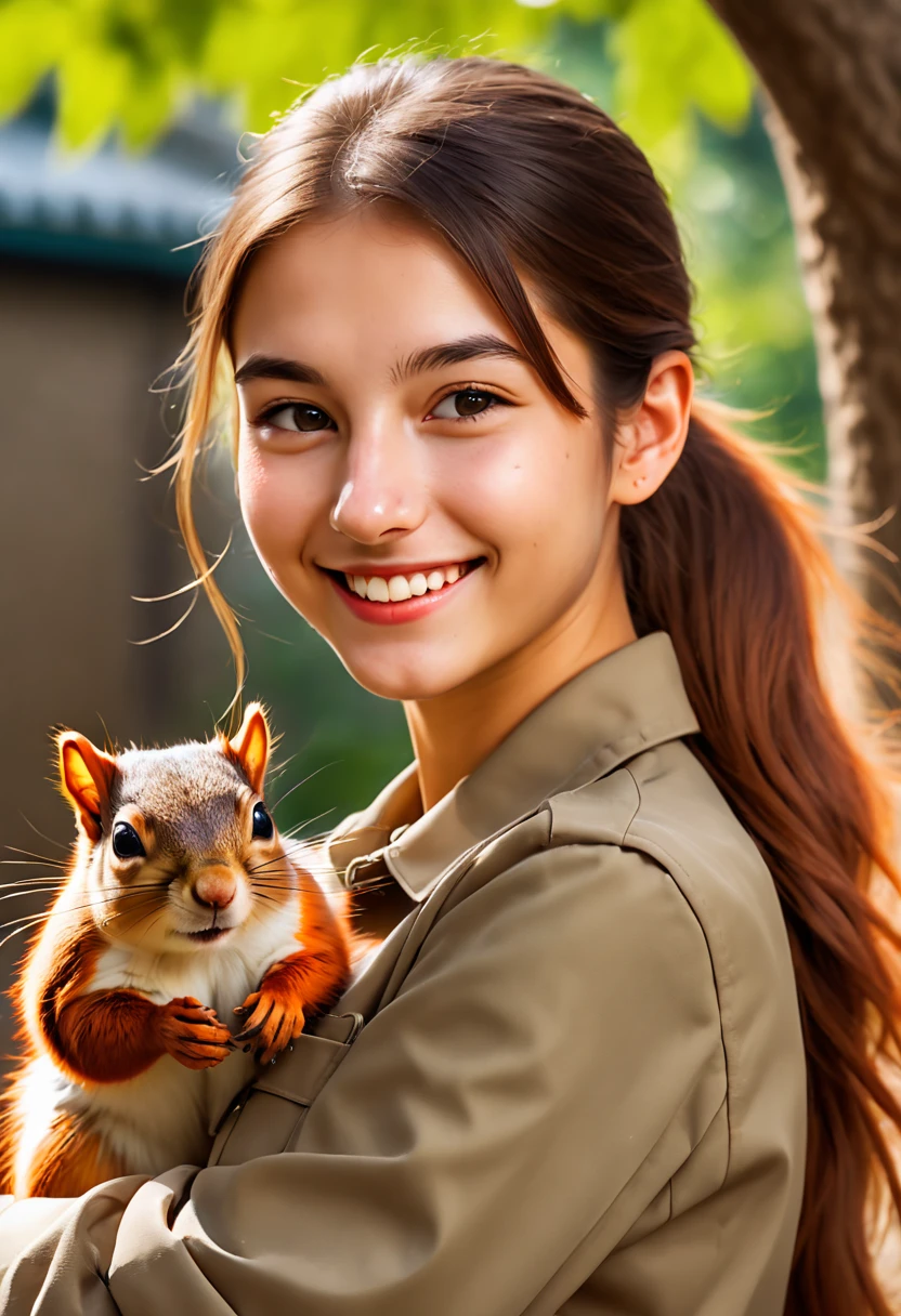 a female zoo administrator, 22yo, feeding fox, Super high saturation, bright and vivid colors, Smile, high details, super detail, highres, (best quality, masterpiece, Representative work, official art, Professional, 8k)