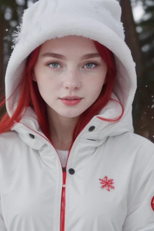 young girl, Exquisite facial features, bright skin, Red hair, in a white hat and white jacket, Snow is falling, winter, snowflakes