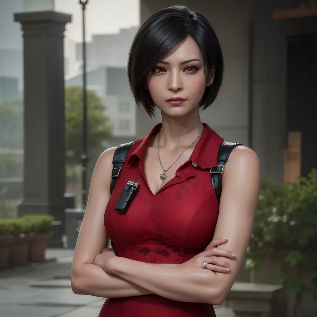 best quality,ultra-detailed,realistic:1.37,ada wong,perfectly symmetrical face,ultra-realistic texture,flawless body,detailed fa...