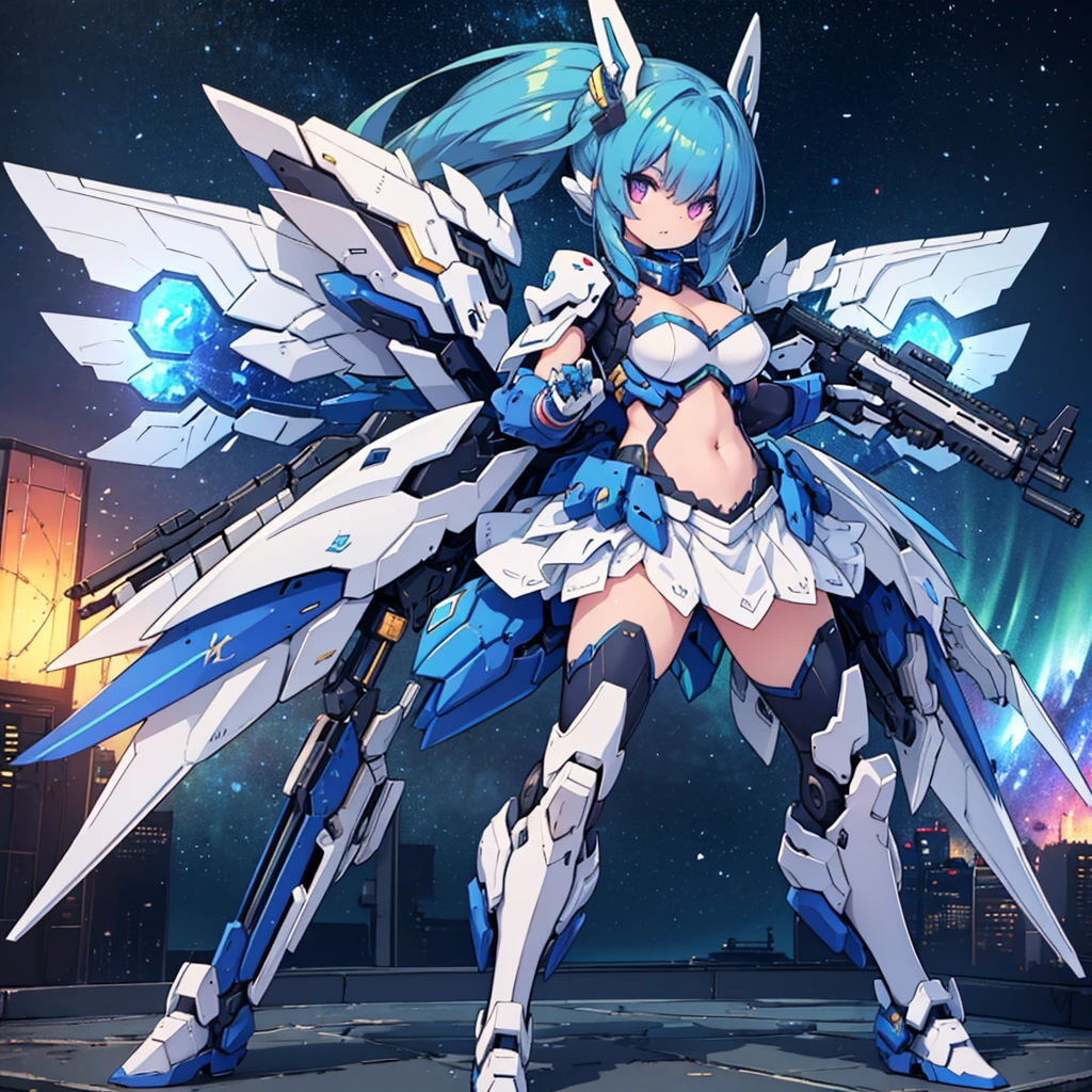 mecha_girl,((masterpiece:1.2)), ((highest quality)), detailed metal texture, perfect anatomy,1girl, (Solo:1.5), blue hair, (Mecha girl), (large wing:1.4)), white outfit, sapphire blue armor dress,((shiny armor, High-gloss armor)), many parts, cleavage, navel, thighs, menacing,(holding weapon), (Combat pose), (action pose:1.3), universe, nebula, aurora, vivid color, hight contrast