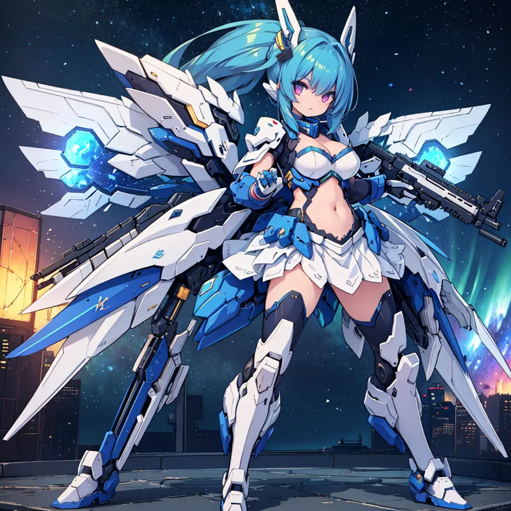 mecha_girl,((masterpiece:1.2)), ((highest quality)), detailed metal texture, perfect anatomy,1girl, (Solo:1.5), blue hair, (Mech...