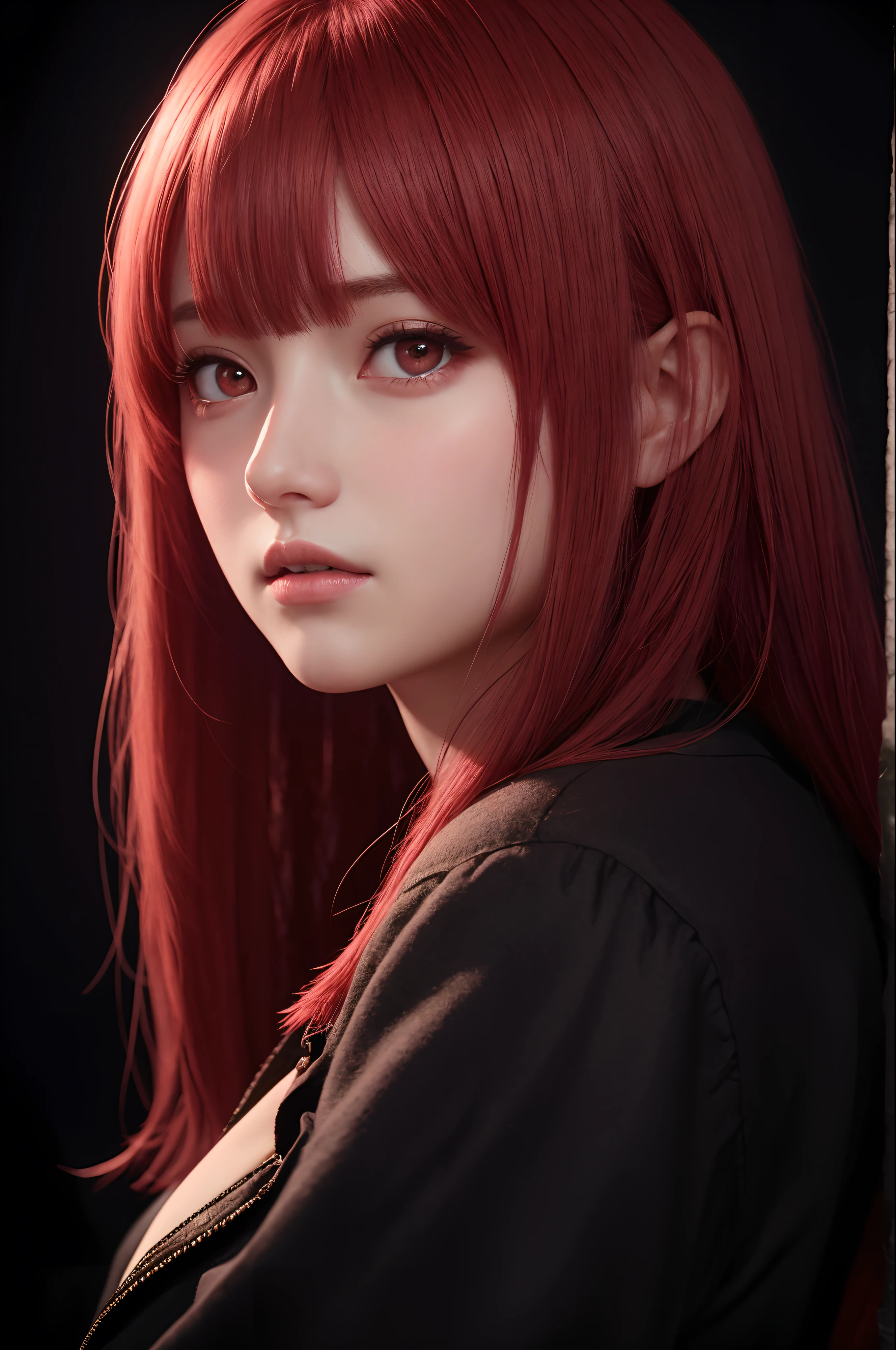 1 girl in, star eye, blush, perfect lighting, Red hair, Red eyes, unreal engine, Side lights, Detailed face, Bang, bright skin, simple background, dark background,