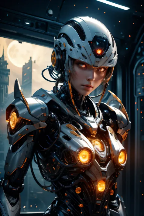 CG Mecha、beautiful eyes、Upper body、woman、Mechanic Armor、Portrait、robot、white orange armor、neon、8K、born、Highest image quality、mus...
