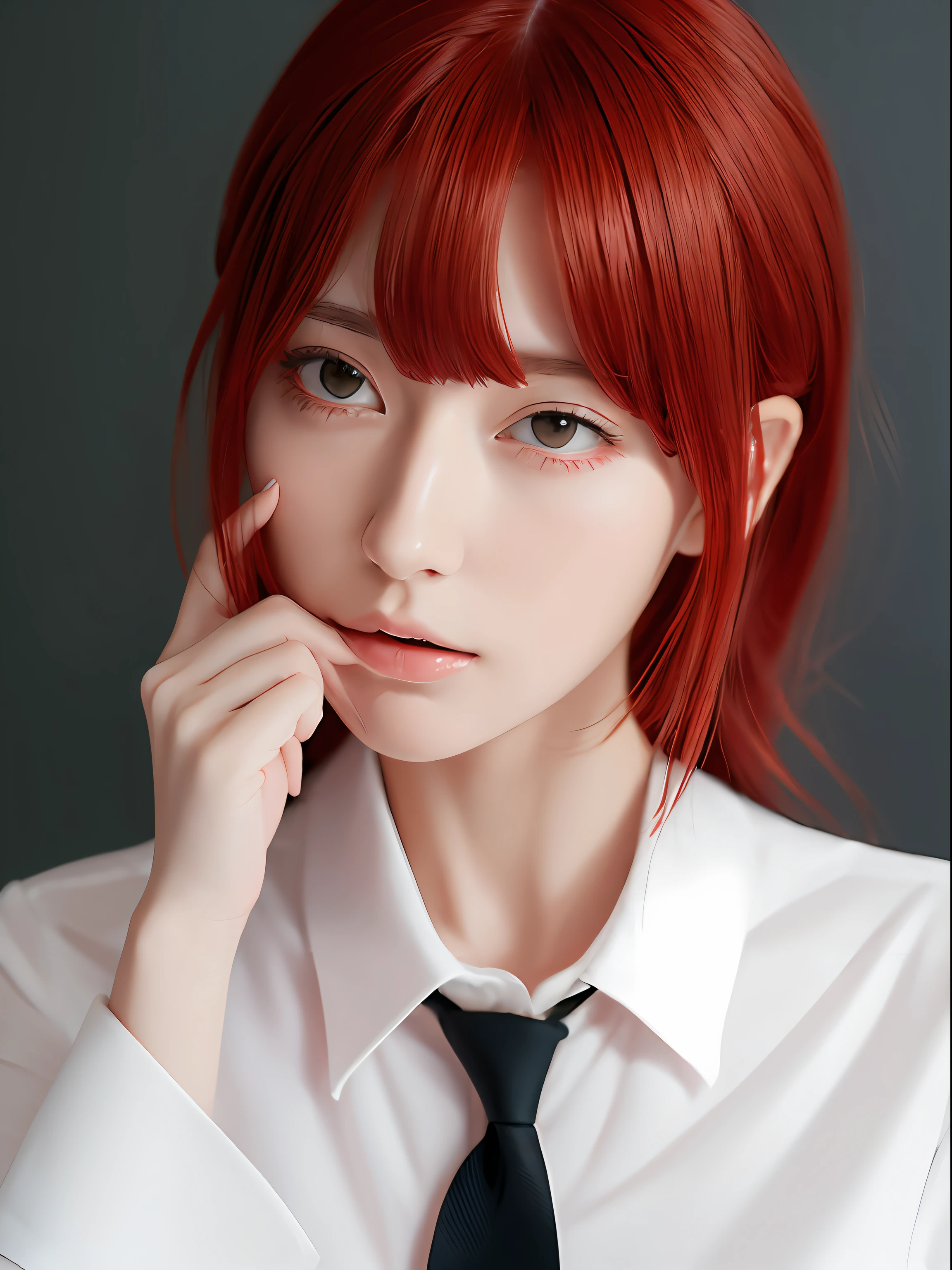 (Best quality, table:1.2), 1 girl, One, Red hair,Eyes with beautiful details,(White shirt),Upper body,black tie,Bang,ear,breast