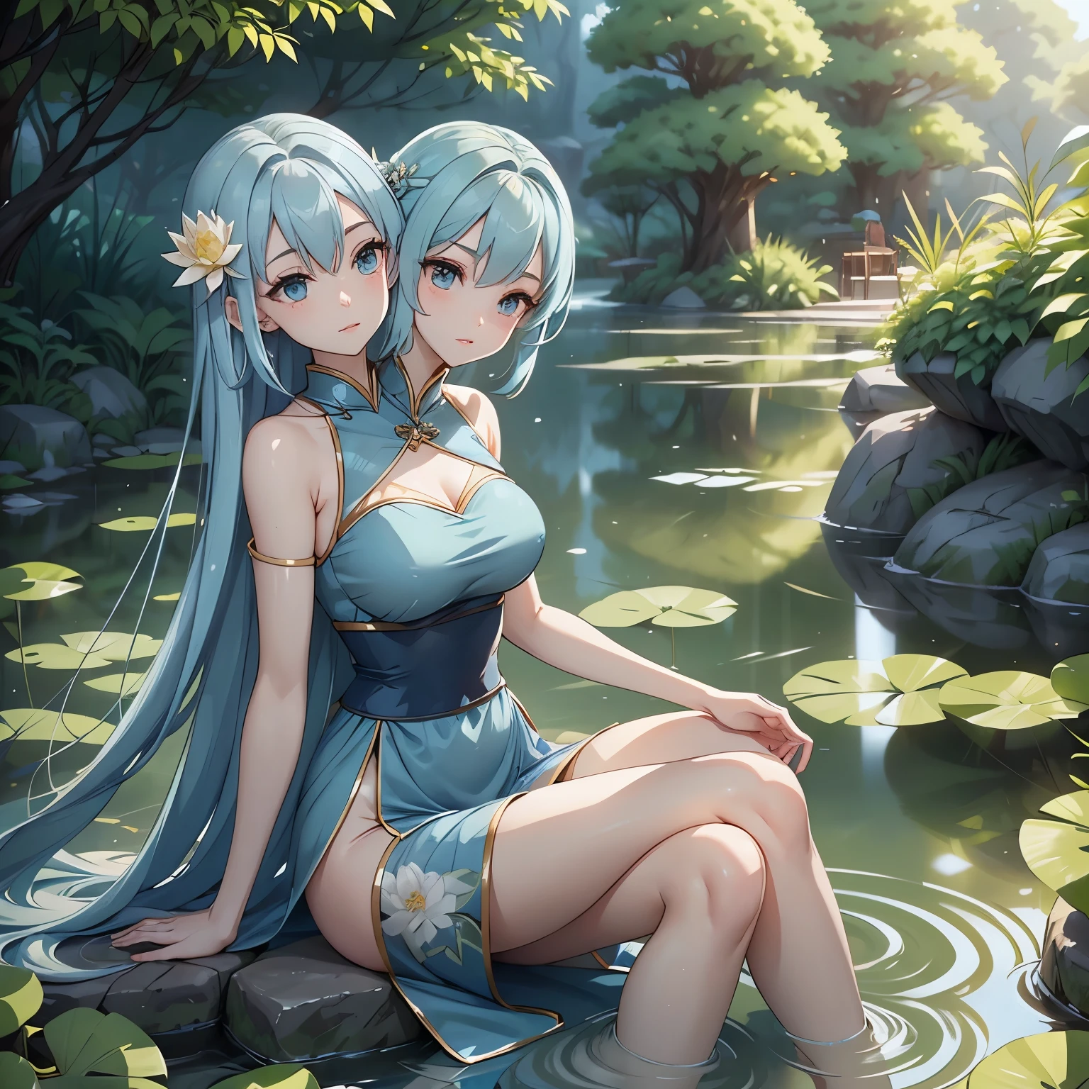 There is a blue dress, 16 long legs, a woman sitting on a rock in the water, standing elegantly on a lotus flower, ethereal beauty, wearing a blue cheongsam, court, a girl in Hanfu, wearing a blue cheongsam, full of fairy Xia, in the pond, white Hanfu, a stunning young ethereal figure, flowing dress, light blue, hair behind ear, (two heads)