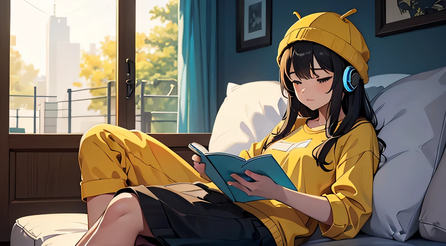 一個低保真的女孩, 帶著蜜蜂帽子, 黃色和黑色的衣服, 外面下雨了, 坐在客廳裡, 學習聽音樂, 她使用耳機, 有一隻貓在睡覺, 高品質,