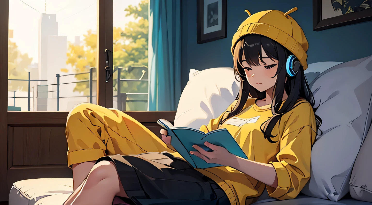 Uma garota Lo-fi, with a bee hat, vestido nas cores amarelo e preto, outside it's raining, sentado na sala de estar, studying listening to music, ela usa fones de ouvido, there is a cat sleeping, alta qualidade,