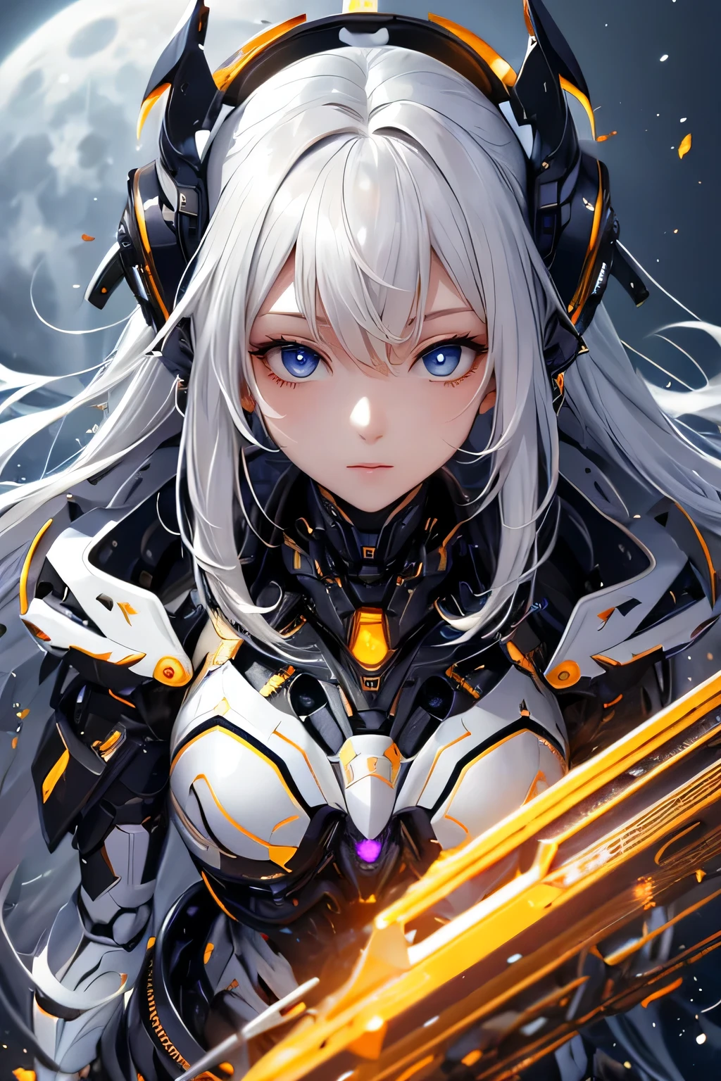 CG Mecha、beautiful eyes、Upper body、woman、（（Overall image））、Portrait、get down on one knee、robot、white orange armor、neon、8K、born、Highest image quality、muste piece、ultra high resolution、colorful、(Medium-wide)、(Dynamic Perspective)、sharp focus、(Depth of bounds written)、highly detailed eyes and face、beautiful detailed eyes、Black gold、trimming gear:1.2)、((muste piece、Highest image quality))、detailed background、Inside the spacecraft、gray hair、Luminescent、full moon、gtx4090、stand up、matrix、dark fantasy,Crescent Moon、abyss、perfect form