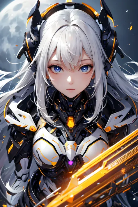 CG Mecha、beautiful eyes、Upper body、woman、（（Overall image））、Portrait、get down on one knee、robot、white orange armor、neon、8K、born、H...