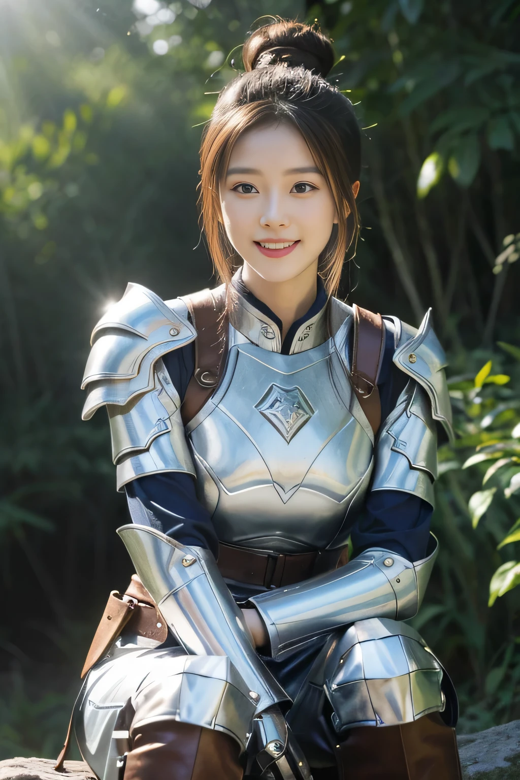 Chinese female general Hua Mulan，reddish brown leather armor，Silver scale metal shoulder pads，Silver metal breastplate，battlefield background，hand weapon，majestic，Smile（open mouth）（The corners of the mouth are raised），Leather tunic，Knee pads，silver helmets，sunshine on face，，Bundle hair（silver metal headband），Hair bun raised high。Wild forest background