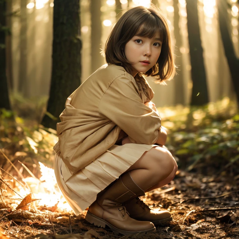 beautiful girl,beige military shirt,Beige knee-length pleated skirt,Ruck sack(red),Brown short boots,baby face,dark brown hair,medium hair,Outer wrap arrangement,bangs,anxious look,A single pink flower on the right hand,night forest,lanthanum,some crystals of light,pixer style,dynamic angle