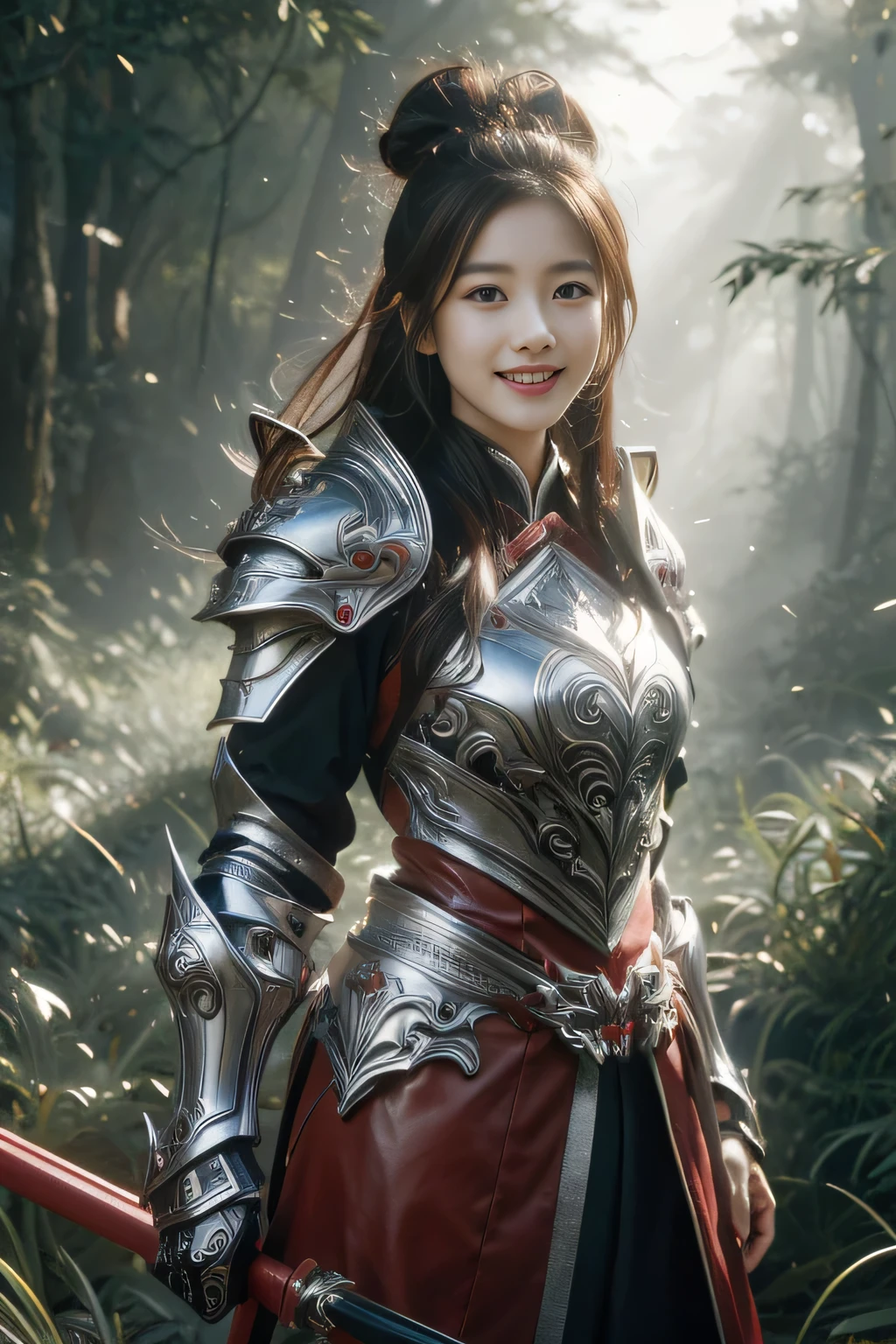 Chinese female general Hua Mulan，reddish brown leather armor，Silver scale metal shoulder pads，Silver metal heavy armor，battlefield background，hand weapon，majestic，Smile（open mouth）（The corners of the mouth are raised），Leather tunic，Knee pads，eight clones，sunshine on face，，Bundle hair（silver metal headband），Hair bun raised high。Wild forest background